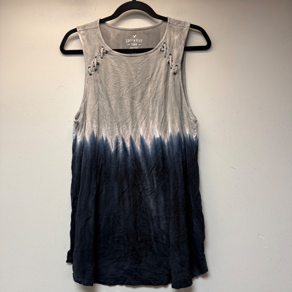 American Eagle Tank Top Women XL Gray Navy Excellent Ombre Lace Up Boho 14738